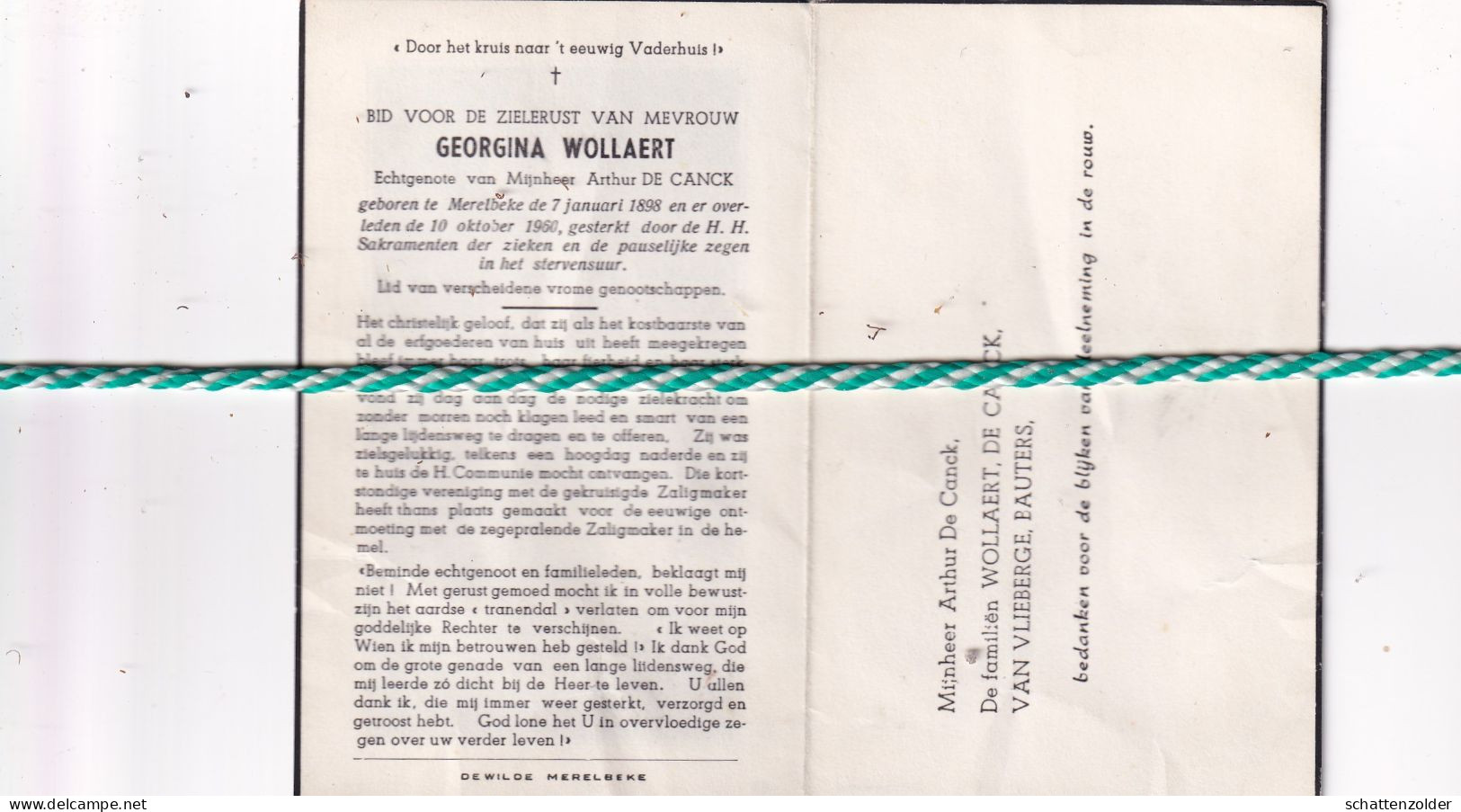 Georgina Wollaert-De Canck, Merelbeke 1898, 1960 - Obituary Notices