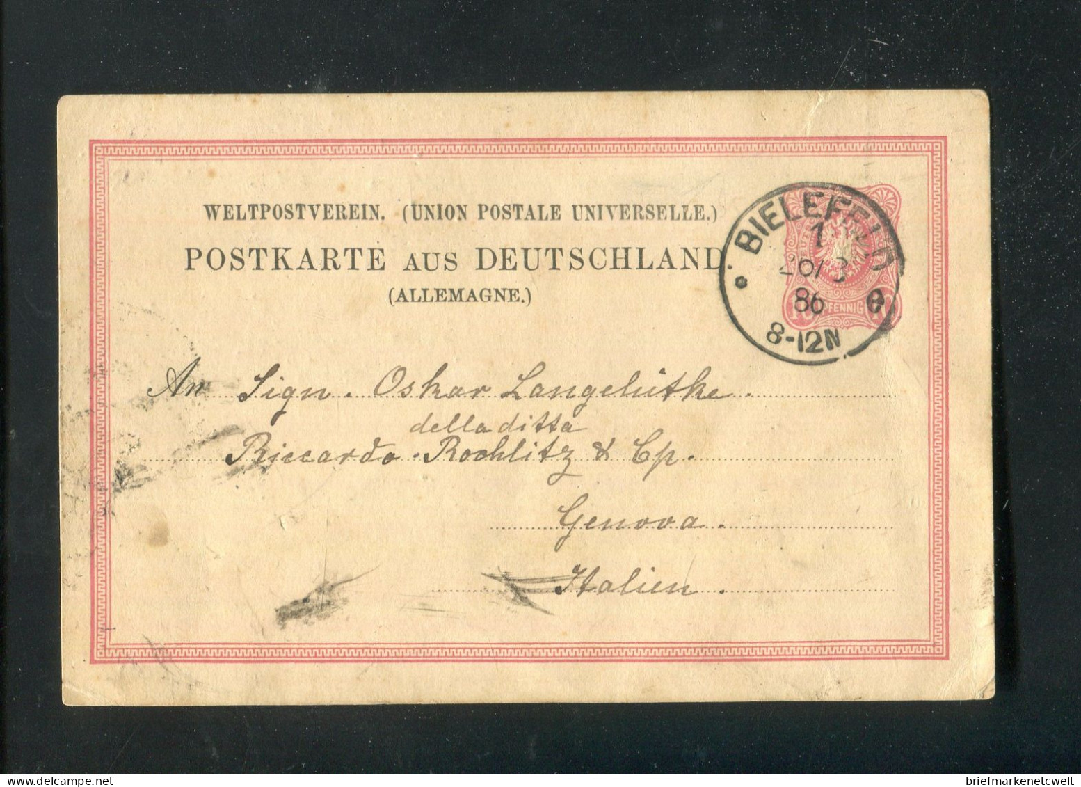 "DEUTSCHES REICH" 1886, "Klaucke"-K1 "BIELEFELD" Auf Postkarte Nach Italien (B1177) - Briefkaarten