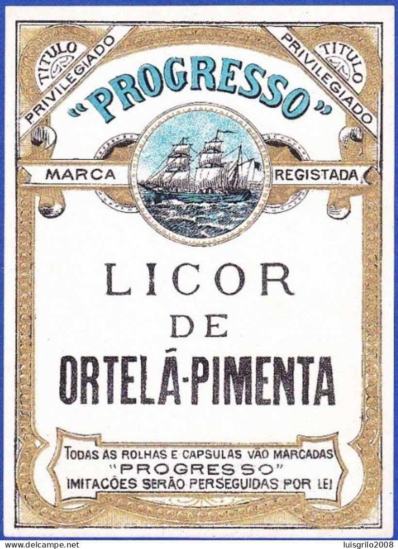 Old Liquor Label, Portugal - Licor De Ortelã-Pimenta. PROGRESSO - Alcools & Spiritueux