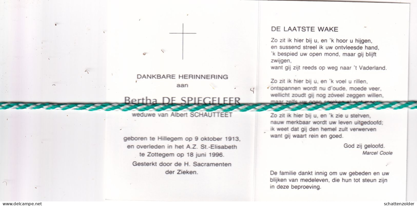 Bertha De Spiegeleer-Schautteet, Hillegem 1913, Zottegem 1996. Foto - Obituary Notices