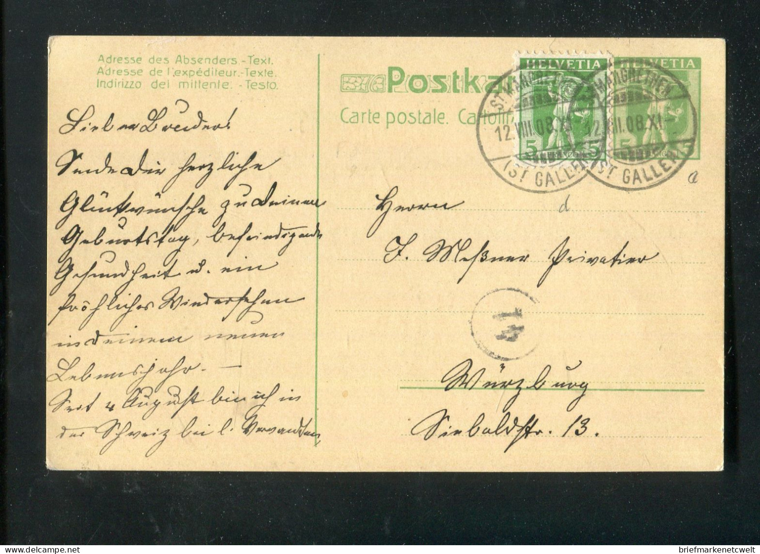 "SCHWEIZ" 1908, Postkarte Mit Bildgleicher Zusatzfrankatur Stegstempel "ST. MARGRETHEN" (B1179) - Entiers Postaux