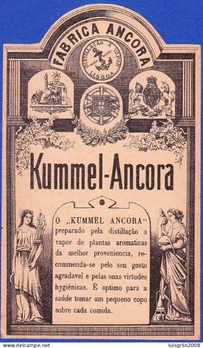 Very Old Liquor Label, Portugal - Kummel-Ancora -|- Fábrica Ancora. Destilação A Vapor. Lisboa - Alcoholes Y Licores
