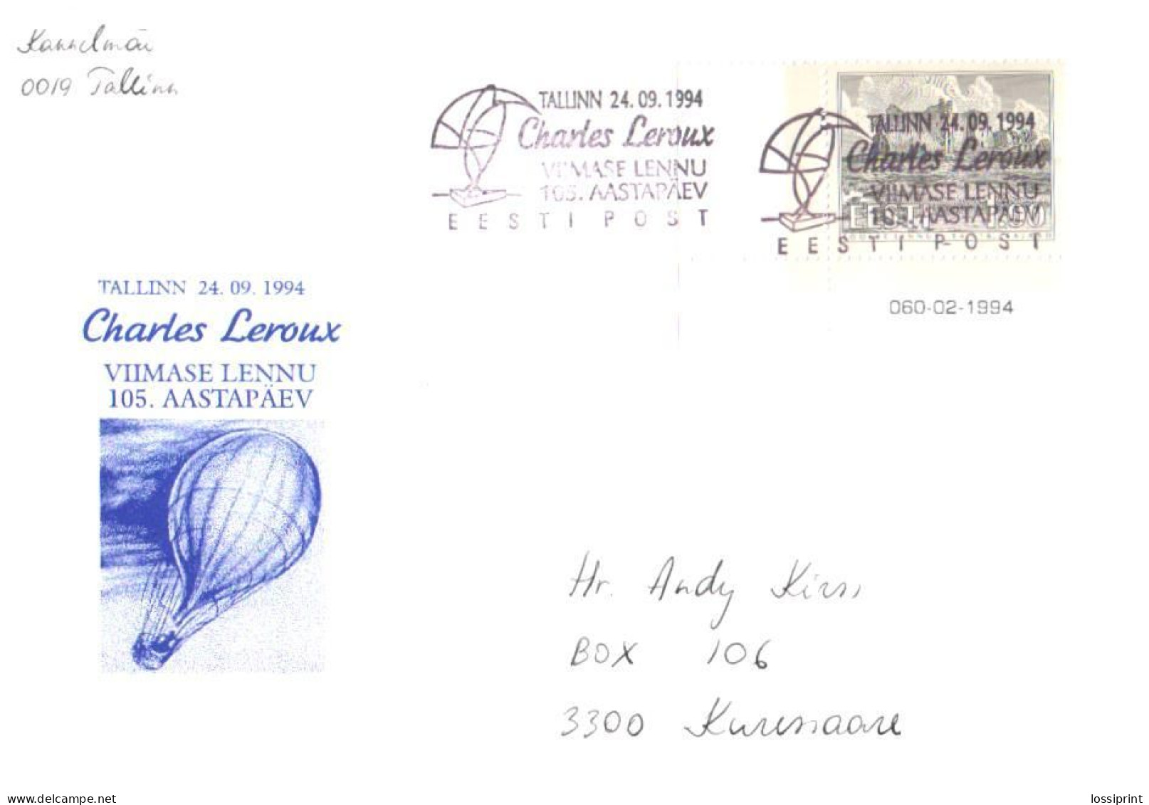 Estonia:Special Cancellation Charles Leroux Last Flight 105th Anniversary, Tallinn 1994 - Estland