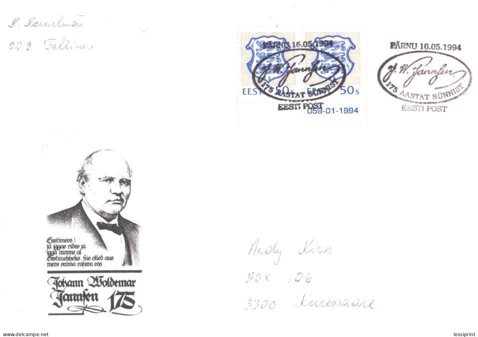 Estonia:Special Cancellation Johannes Woldemar Jannsen 175, 1994 - Estonia