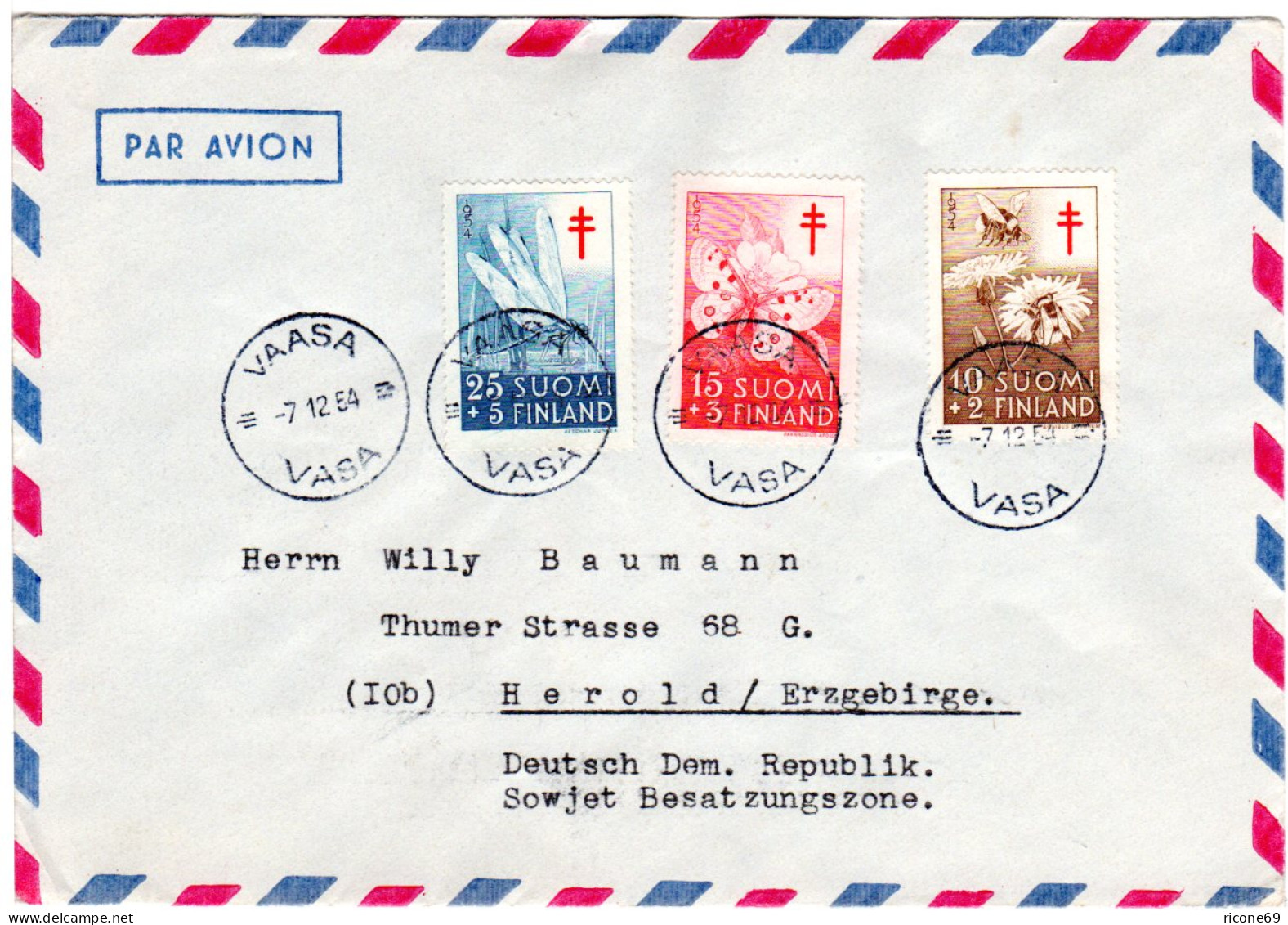 Finnland 1954, 4 Werte Insekten, Kpl. Ausgabe Auf Luftpost Brief V. Vaasa - Sonstige & Ohne Zuordnung