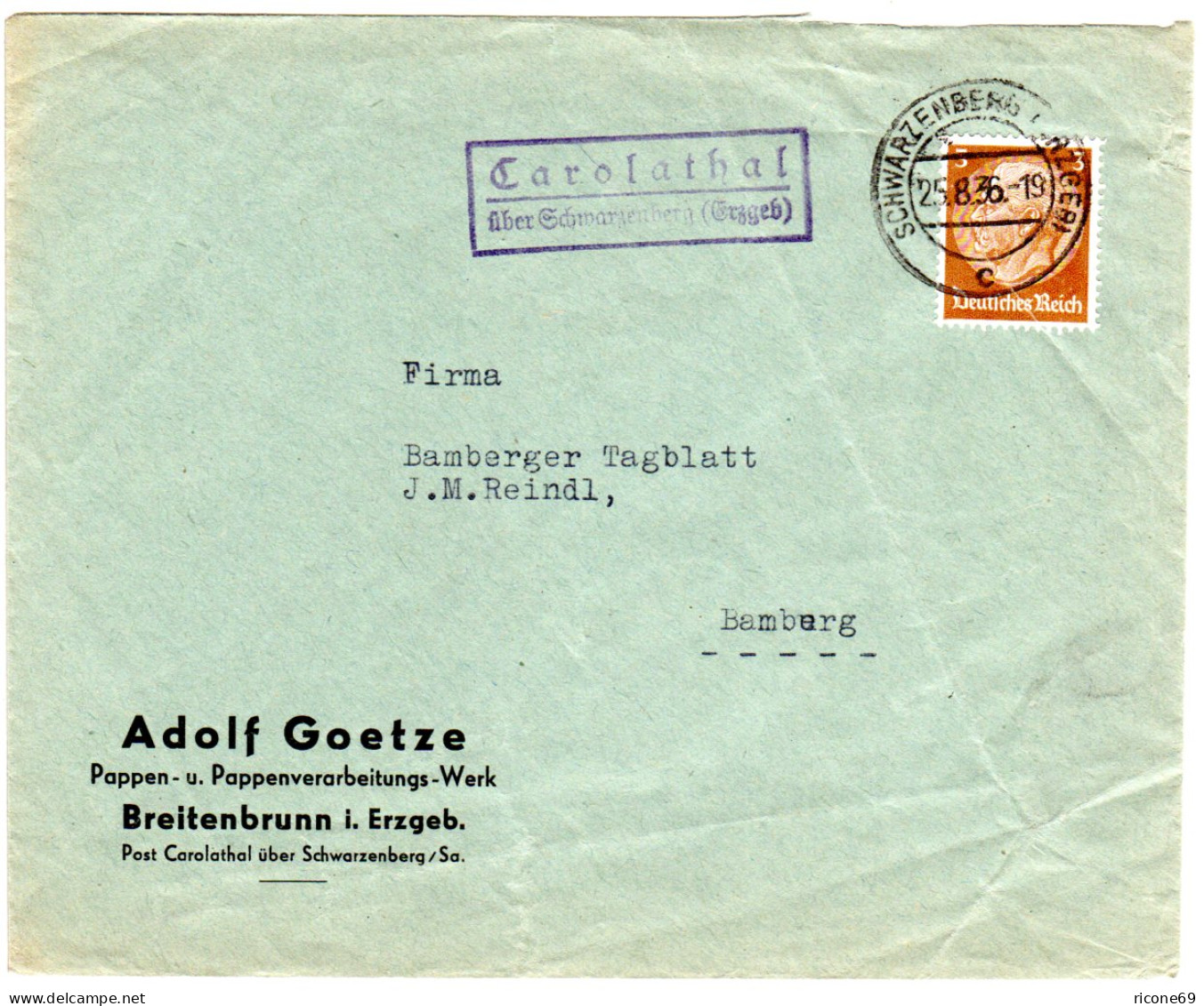 DR 1936, Landpoststpl. CAROLATHAL über Scxhwarzenberg Auf Brief M. 3 Pf. - Covers & Documents