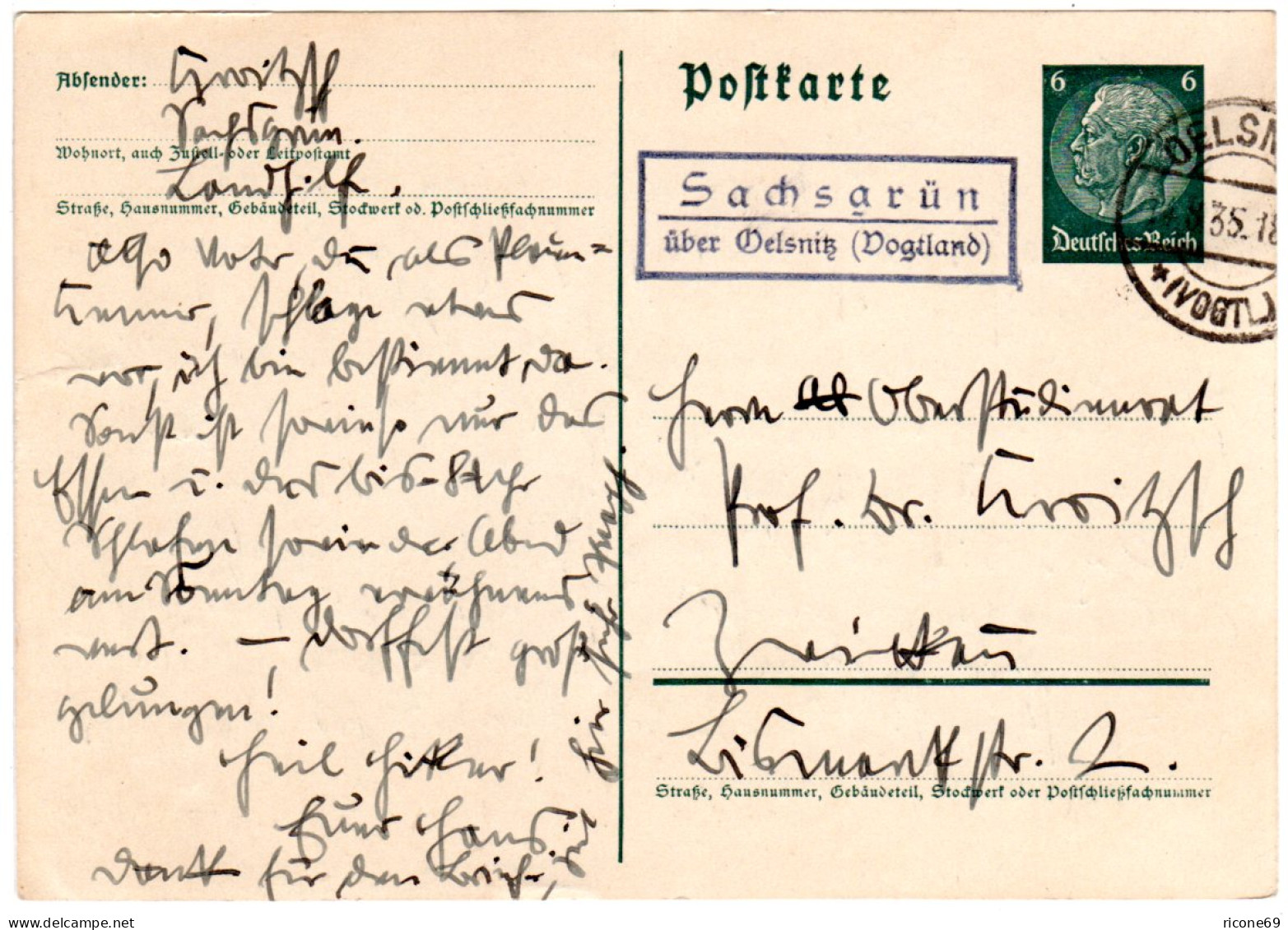 DR 1935, Landpost Stpl. SACHSGRÜN über Oelsnitz Auf 6 Pf. Ganzsache  - Covers & Documents
