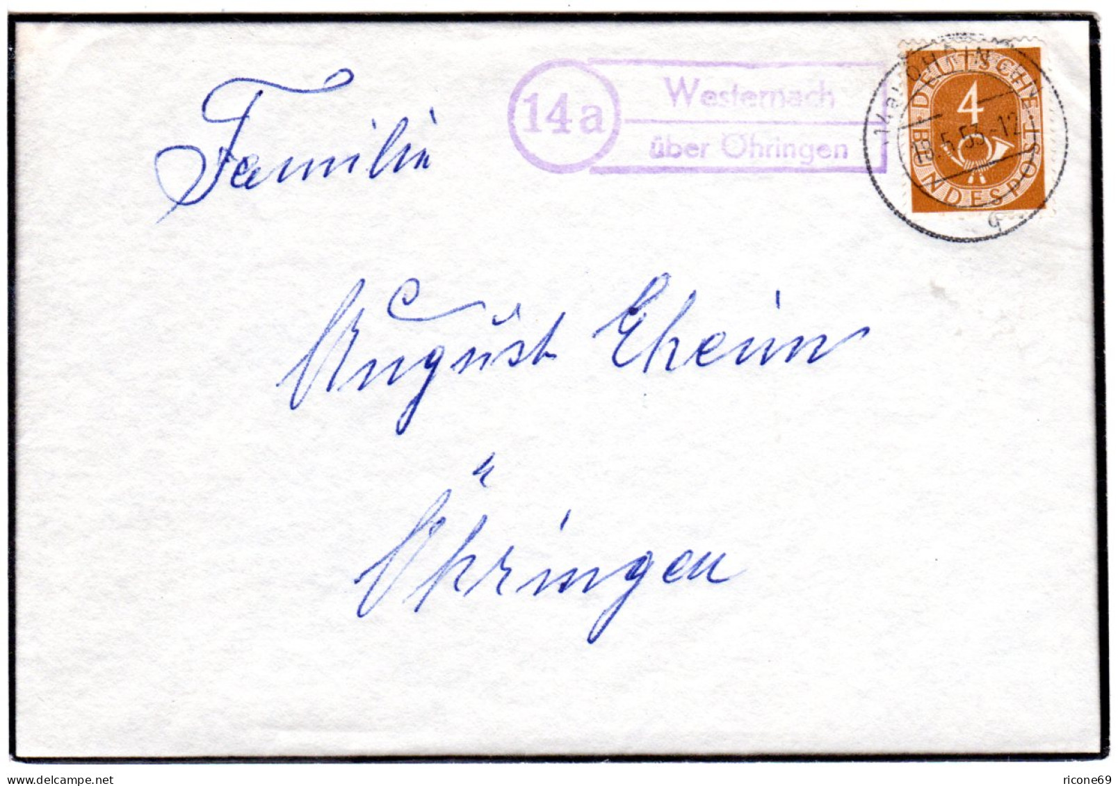 BRD 1953, Landpoststempel 14a WESTERNACH über Öhringen Auf Trauer Brief M. 4 Pf. - Covers & Documents