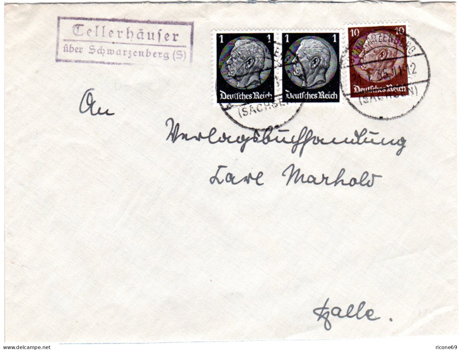 DR 1935, Landpost Stpl. TELLERHÄUSER über Schwarzenberg Auf Brief M. 10+2x1 Pf. - Briefe U. Dokumente