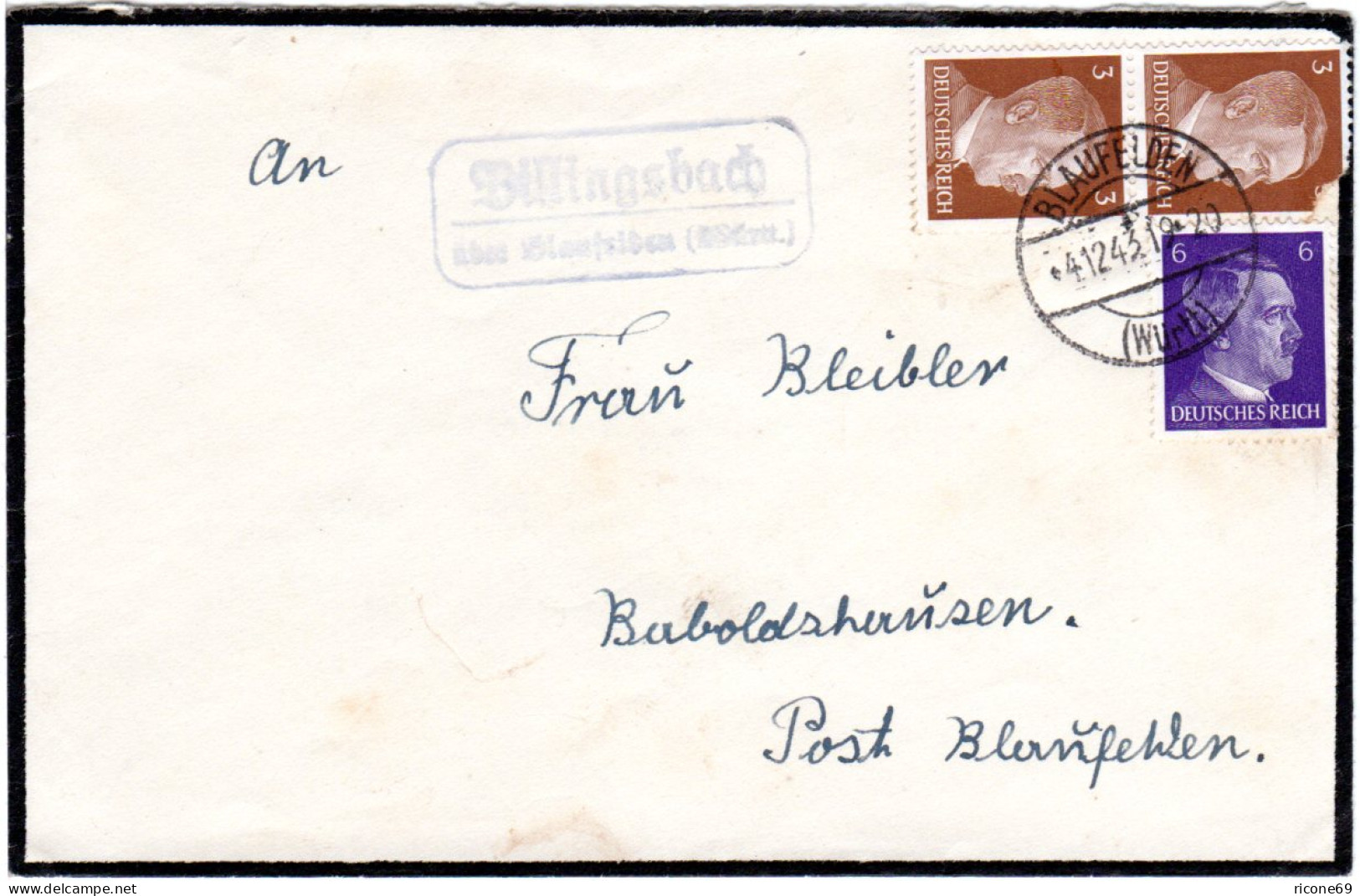 DR 1943, Landpost Stpl. BILLINGSBACH über Blaufelden Auf Brief M. 6+2x3 Pf. - Lettres & Documents