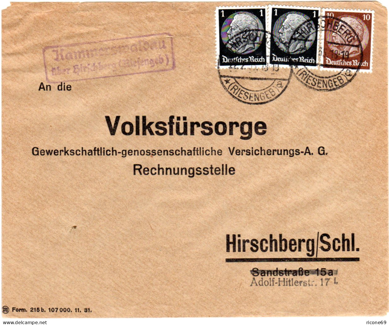 DR 1935, Landpost Stpl. KAMMERSWALDAU über Hirschberg Auf Brief M. 10+2x1 Pf. - Brieven En Documenten