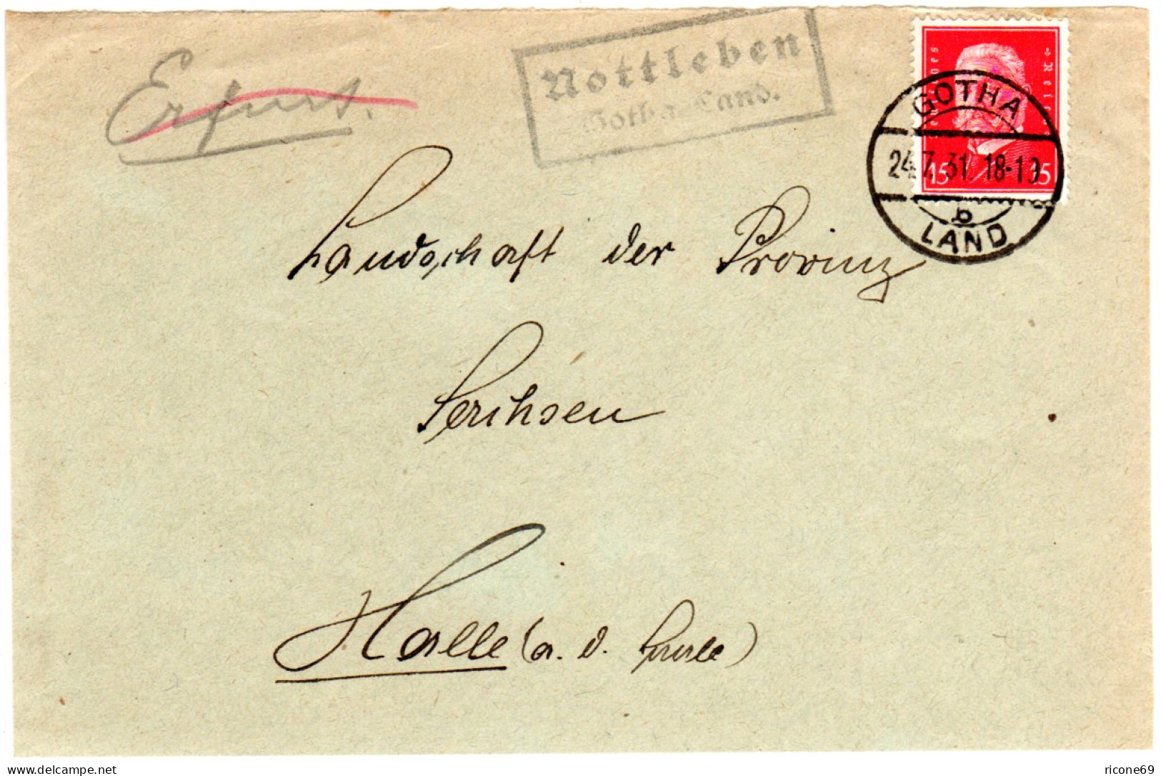 DR 1931, Landpoststempel NOTTLEBEN Gotha Land Auf Briefteil M. 15 Pf. - Briefe U. Dokumente