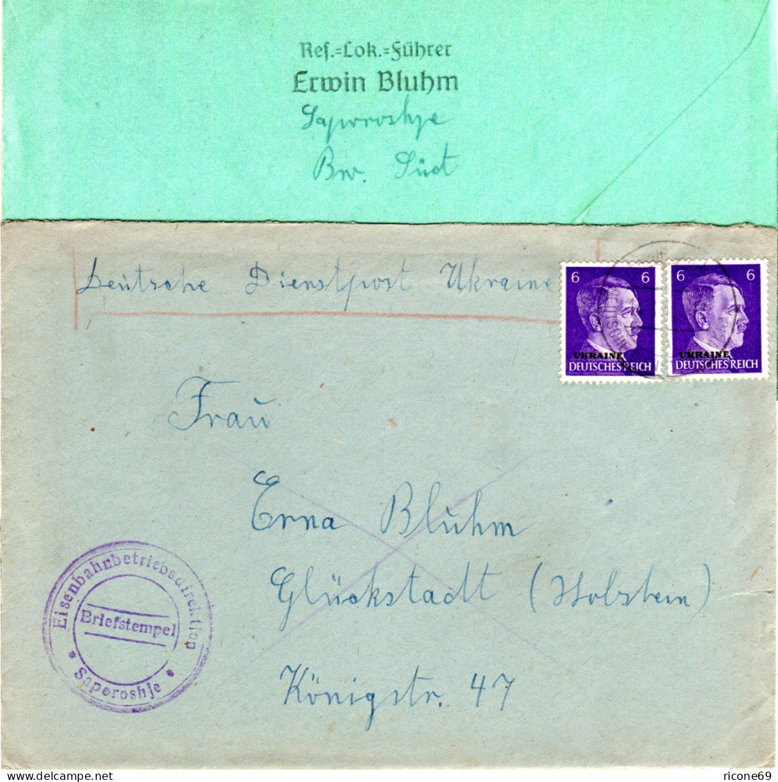 Dt. Dienstpost Ukraine, 2x6 Pf Auf Brief V. SAPOROSHJE M. Eisenbahn Briefstempel - Bezetting 1938-45