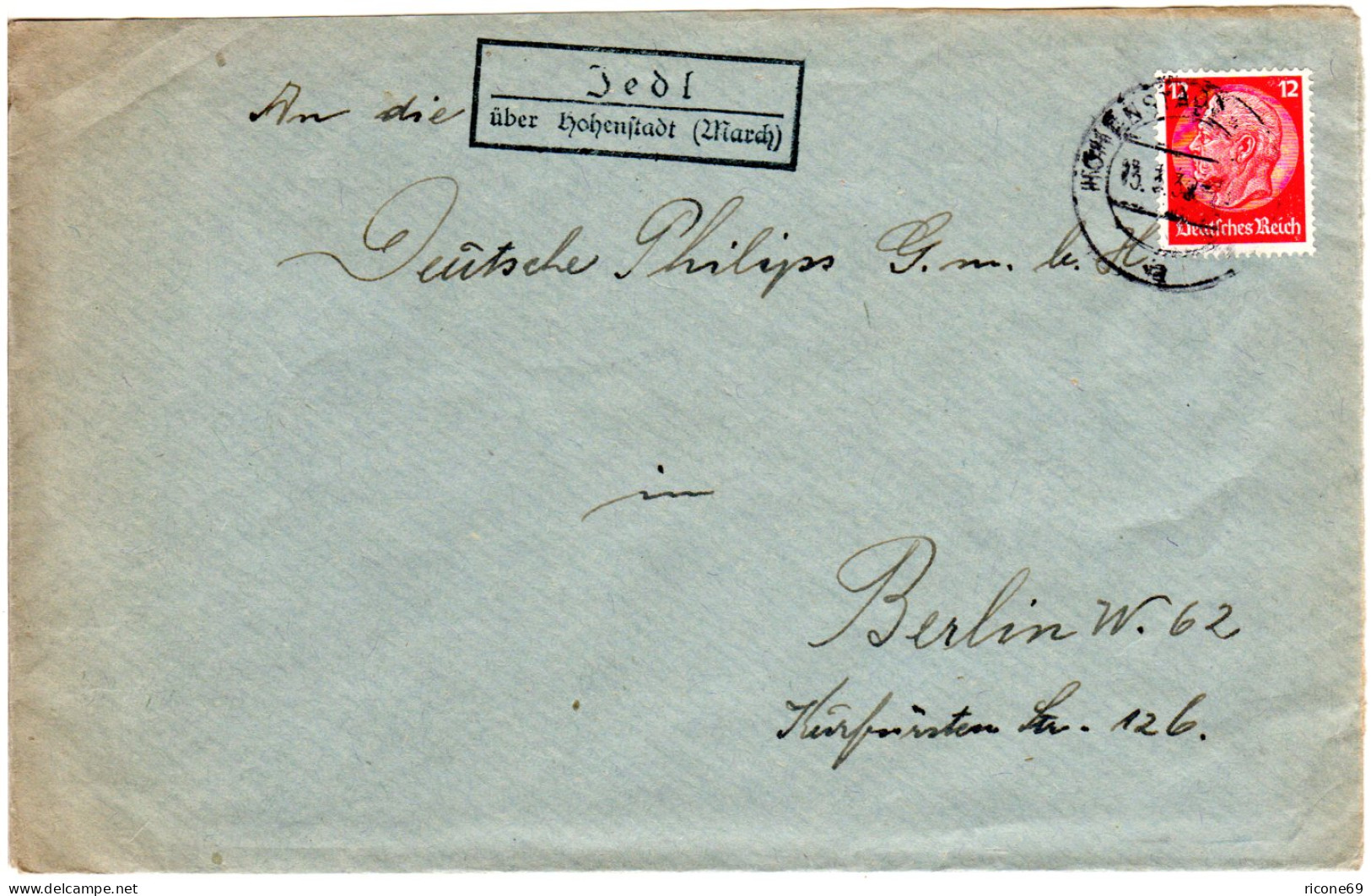 DR 1938, Landpost Stpl. JEDL über Hohenstadt (March) Auf Brief M. 12 Pfg.  - Lettres & Documents