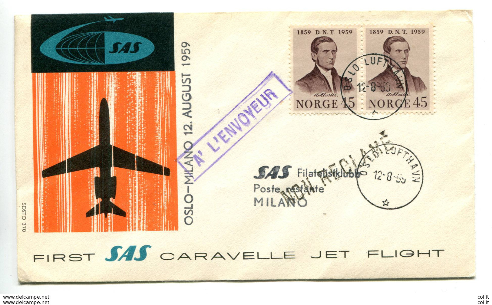 Primo Volo SAS Oslo-Milano Del 12/8/59 - Posta Aerea