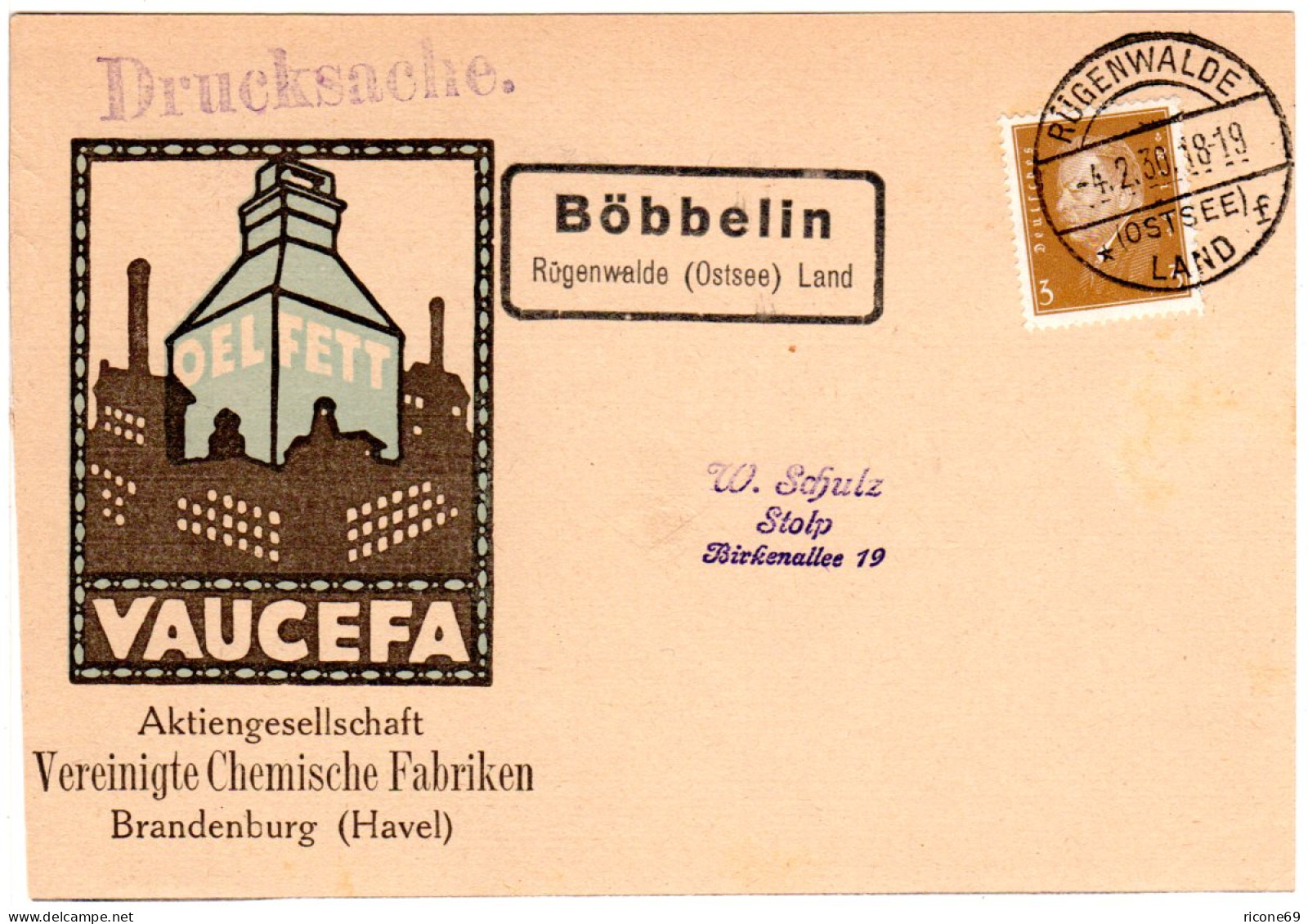 DR 1930, Landpoststpl. BÖBBELIN Rügenwald (Ostsee) Land Auf Karte M. 3 Pf. - Cartas & Documentos