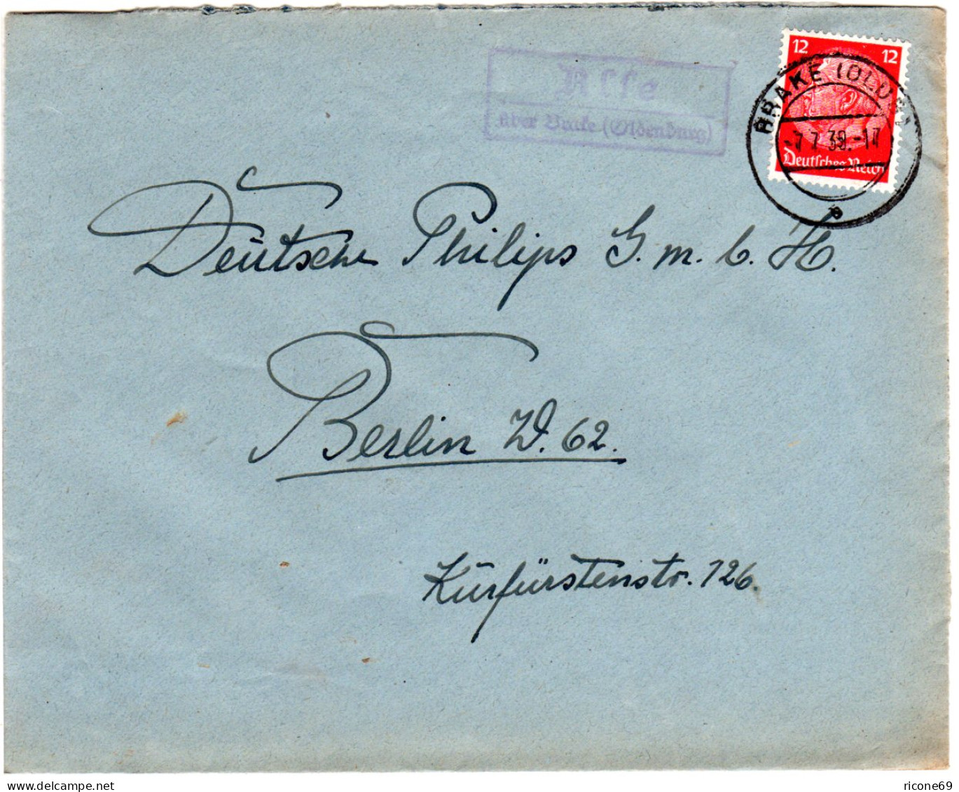 DR 1939, Landpost Stpl. ALSE über Brake (Oldenburg) Auf Brief M. 12 Pfg.  - Cartas & Documentos