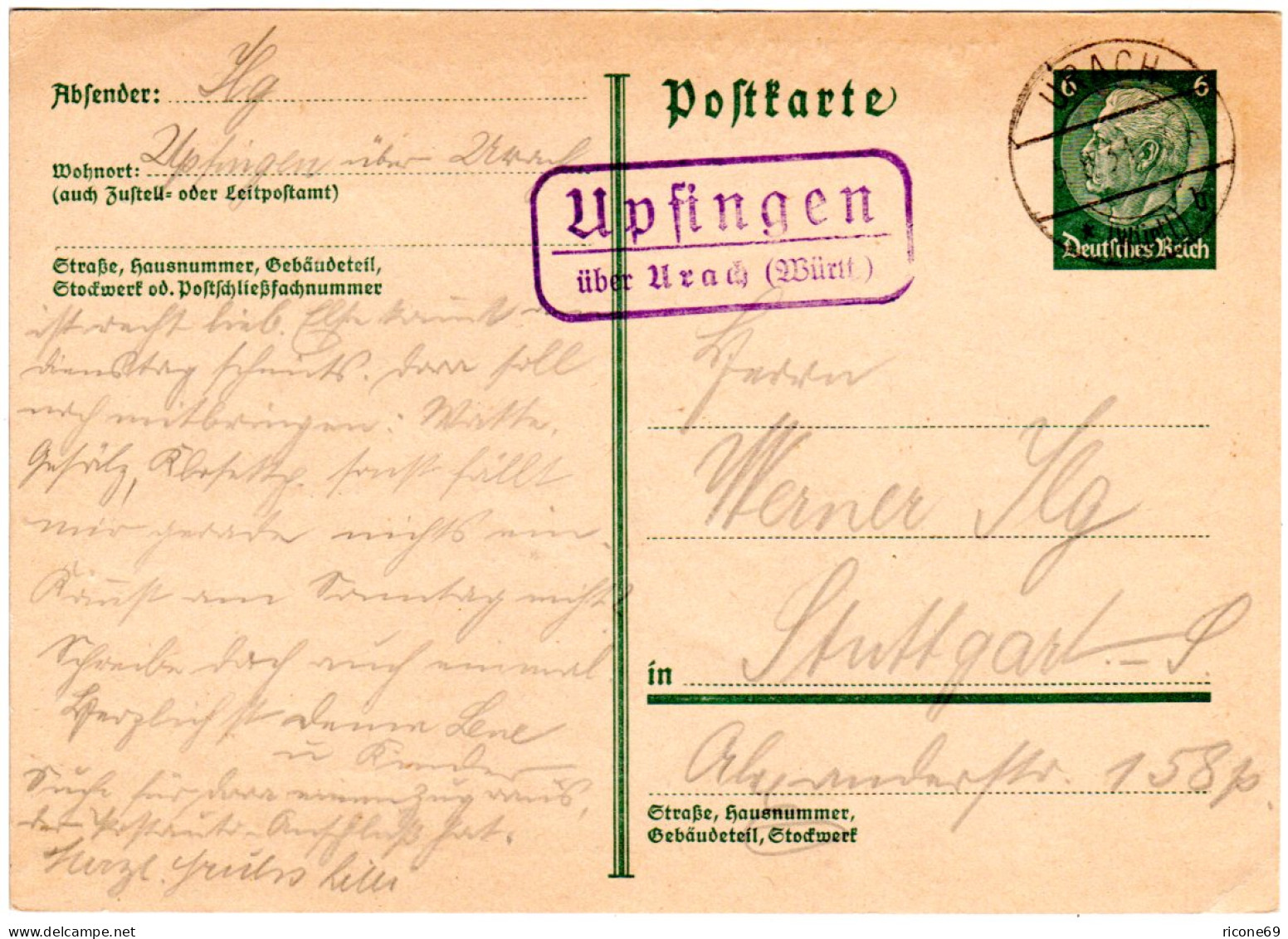 DR 1933, Landpoststpl. UPFINGEN über Urach (Württ) Auf 6 Pf. Ganzsache - Covers & Documents
