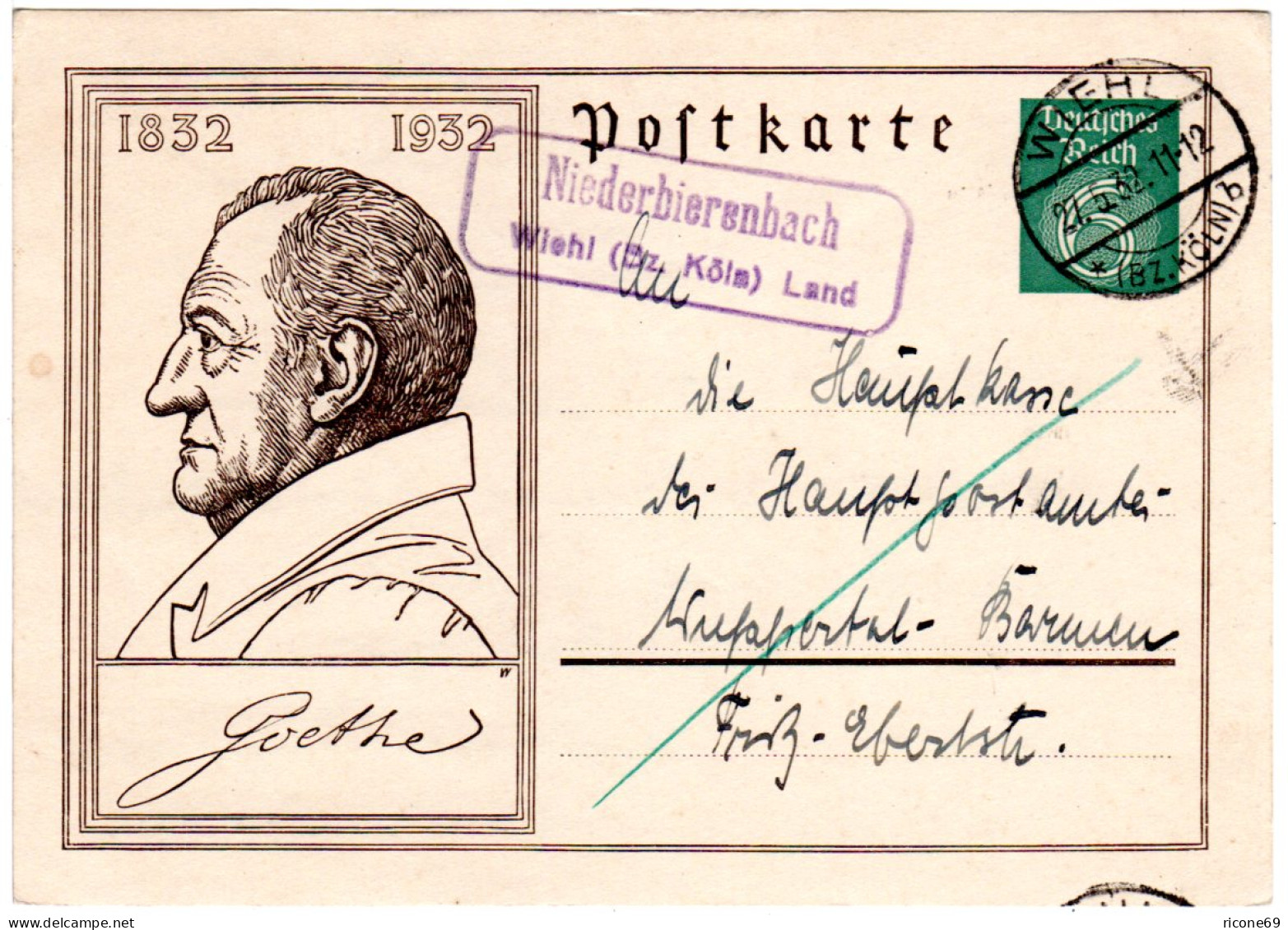 DR 1932, Landpoststpl. NIEDERBIERENBACH Wiehl (Bz. Köln) Land Auf 6 Pf Ganzsache - Lettres & Documents