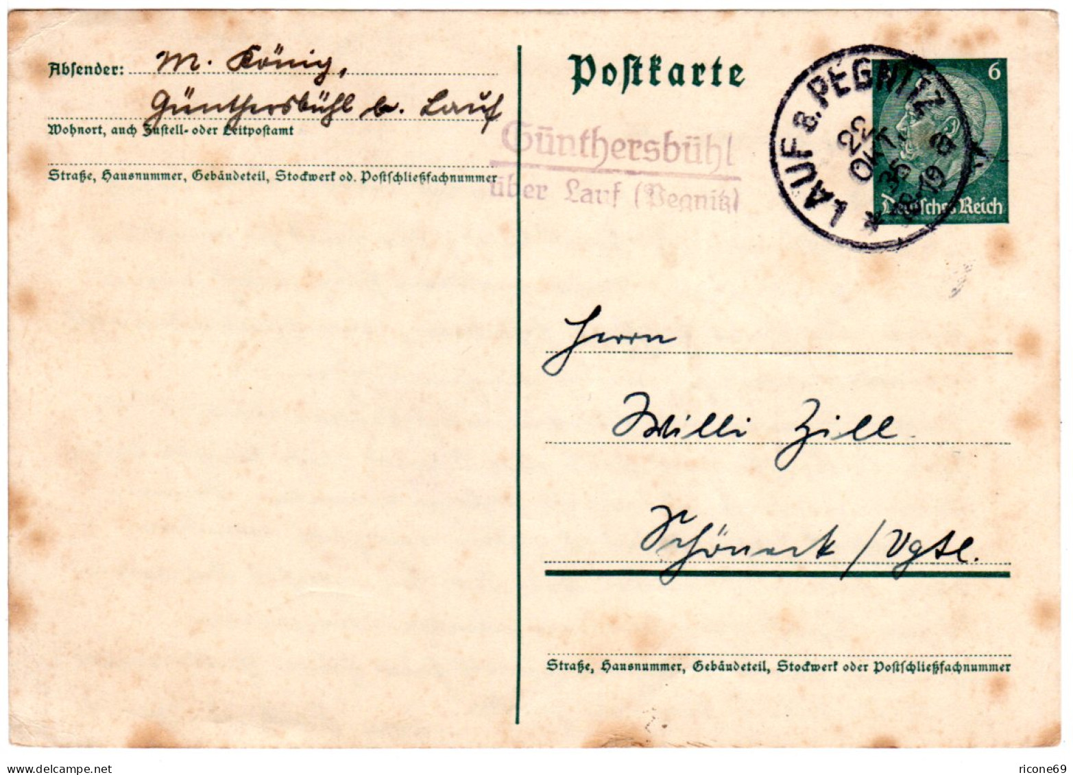 DR 1935, Rahmenloser Landpoststpl. GÜNTHERSBÜHL über Lauf Auf 6 Pf. Ganzsache - Briefe U. Dokumente