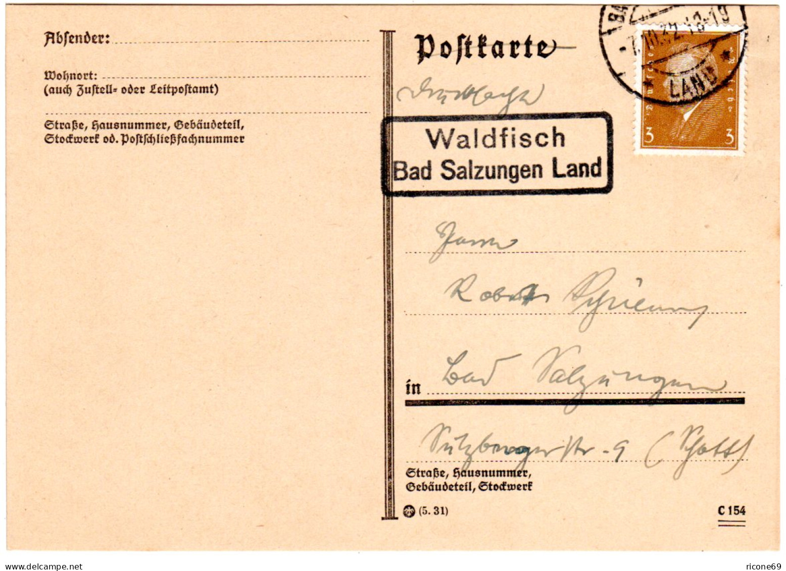 DR 1932, Landpost Stpl. WALDFISCH Bad Salzungen Land Auf Karte M. 3 Pf. - Briefe U. Dokumente
