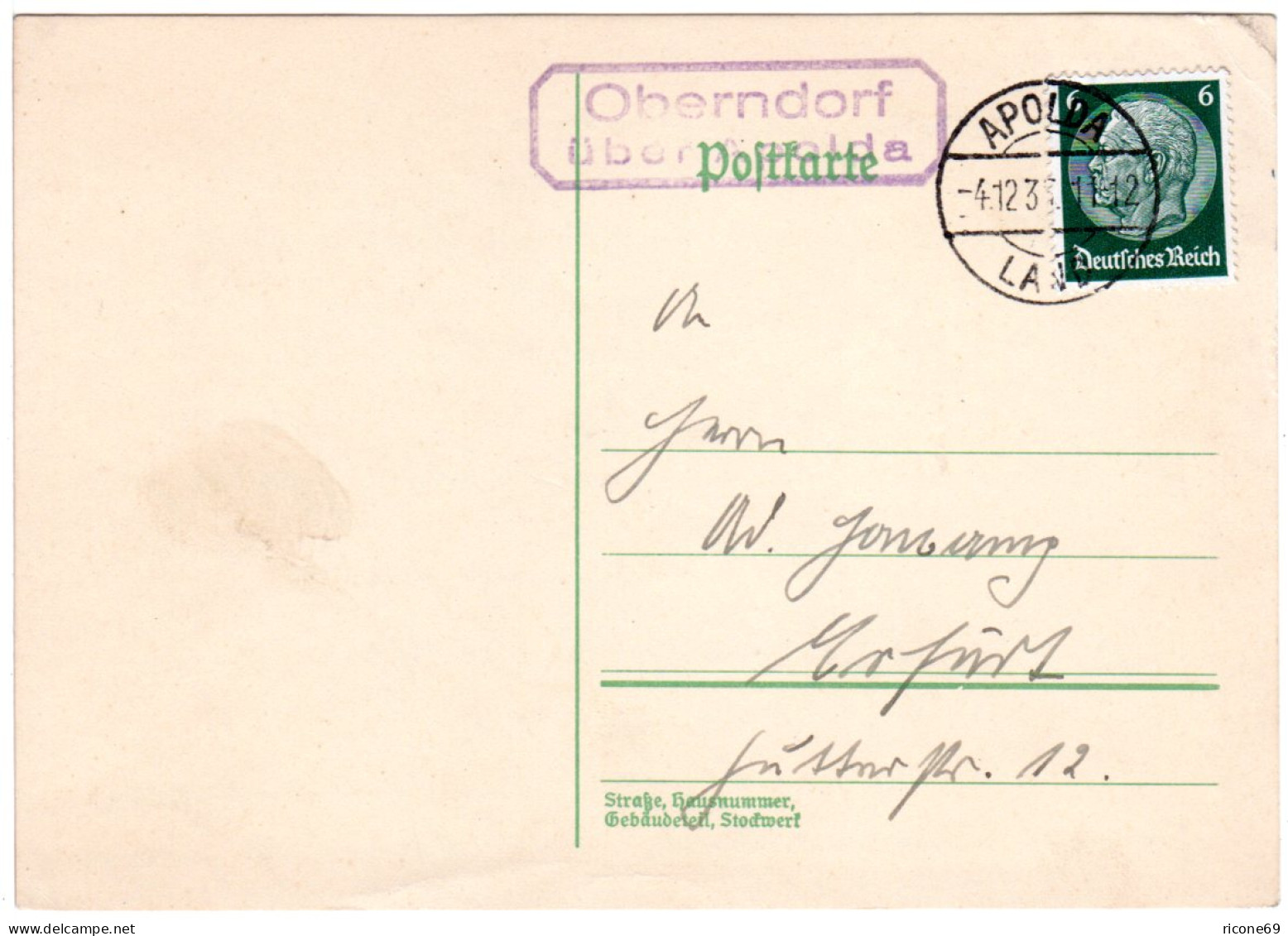 DR 1935, Landpost Stpl. OBERNDORF über Apolda Auf Karte M. 6 Pfg.  - Cartas & Documentos