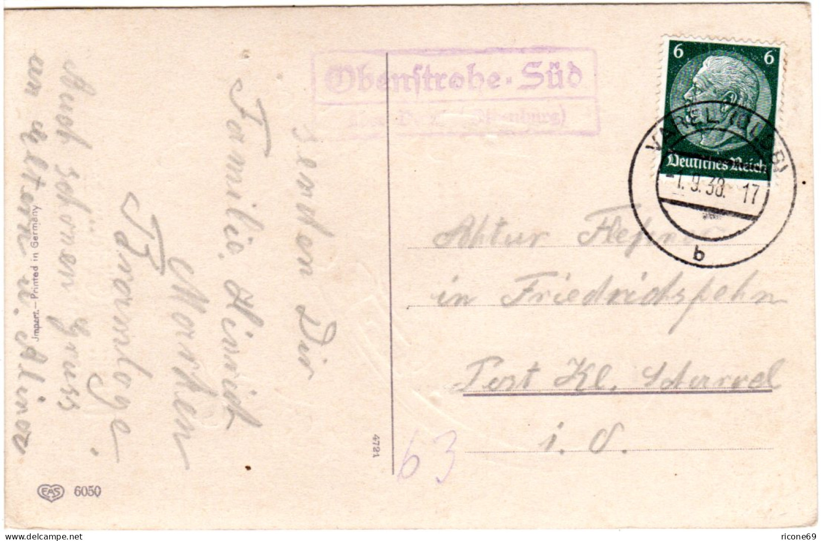 DR 1938, Landpost Stpl. OBENSTROHE-SÜD über Varel Auf Karte M. 6 Pfg.  - Covers & Documents