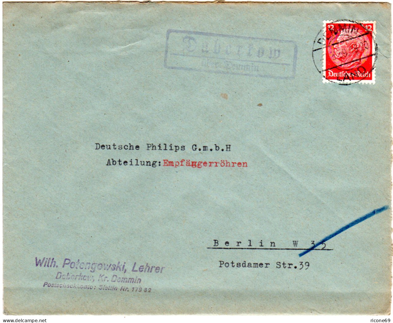 DR 1939, Landpost Stpl. DABERKOW über Demmin Auf Brief M. 12 Pf. - Lettres & Documents