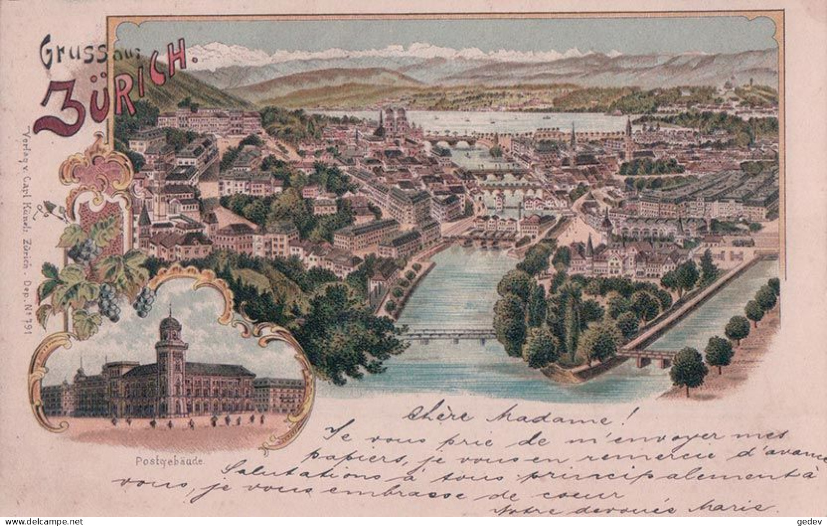 Gruss Aus Zürich, Post Gebäude, Litho 1899 2 Vues (791) - Zürich