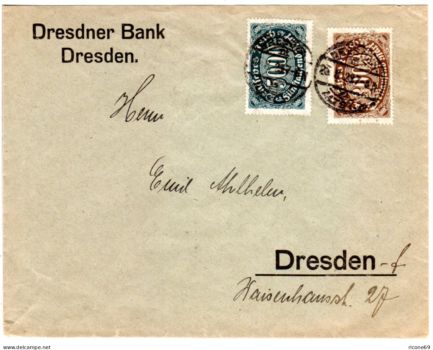 DR 1923, 3000+5000 Mk. M. Firmenlochung Dr.B. Auf Orts-Brief V. Dresden - Briefe U. Dokumente