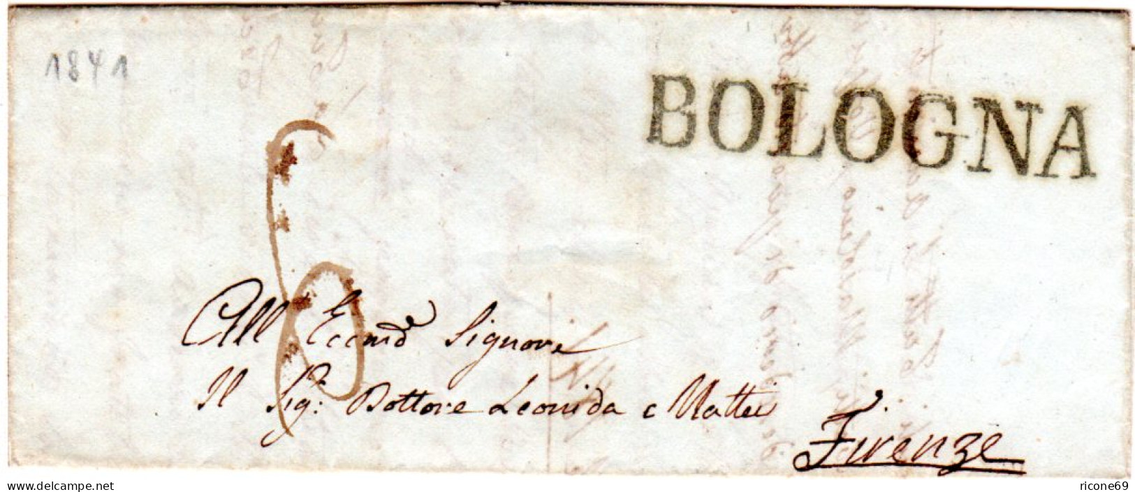 Italien Kirchenstaat 1841, L1 BOLOGNA Klar Auf Porto Brief I.d. Toscana - Unclassified