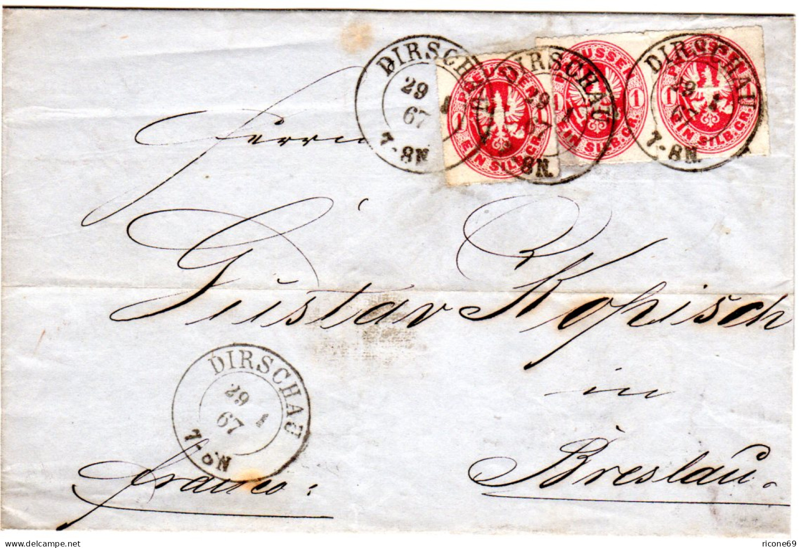 Preussen 1867, 3x1 SGr. Auf Brief V. DIRSCHAU N. Breslau - Storia Postale