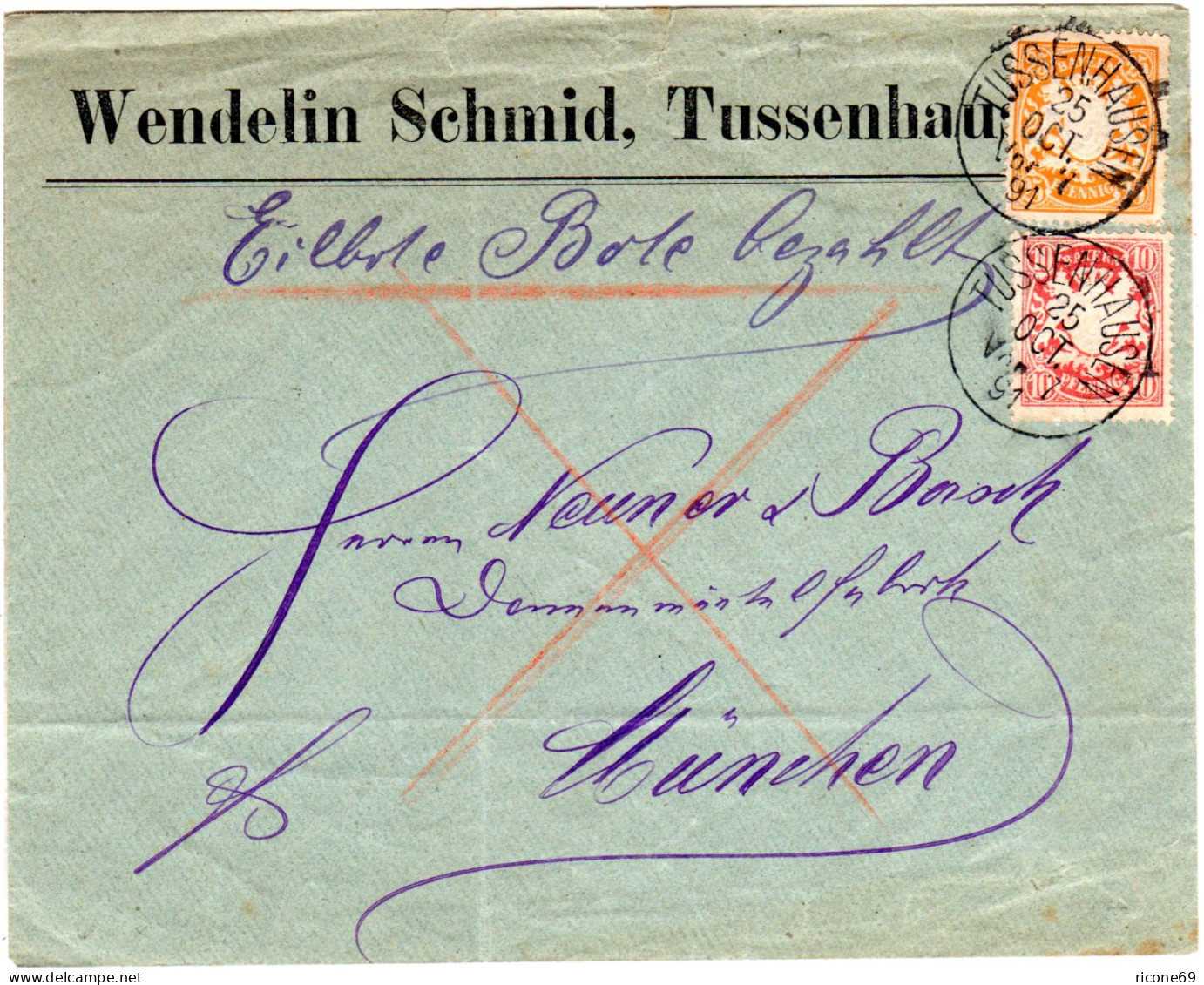 Bayern 1891, 10+25 Pf. Auf Firmen Eilboten Brief V. TUSSENHAUSEN - Lettres & Documents