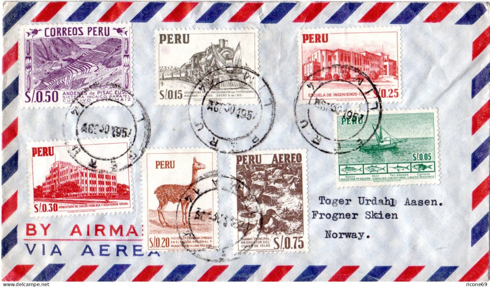 Peru 1954, 7 Marken Auf Attraktivem Luftpost Brief V. Lima N. Norwegen - Perú