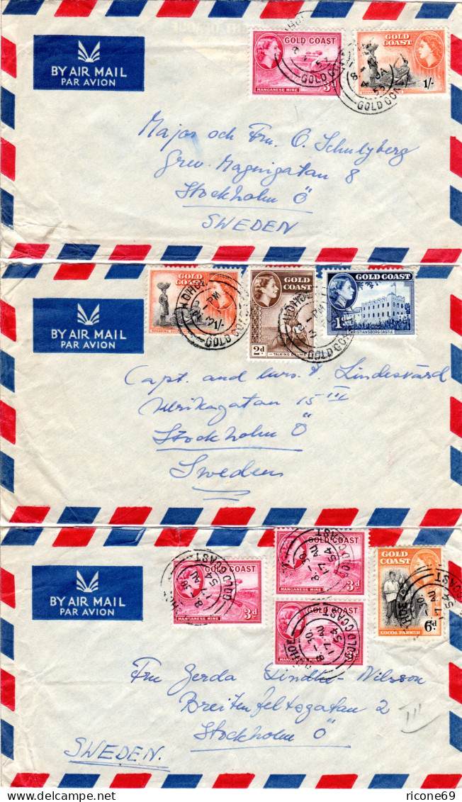 Gold Coast 1954/55, 3 Luftpost Briefe V. Hohoe N. Schweden M. Versch Frankaturen - Otros - África