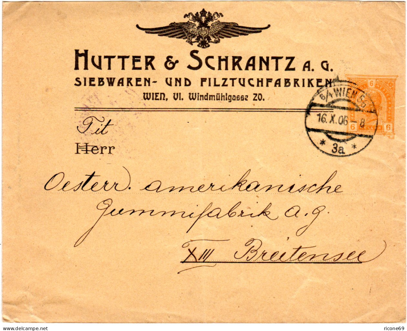 Österreich 1906, Gebr. 6 H. Privat Ganzsache Brief Hutter&Schranz Wien - Lettres & Documents