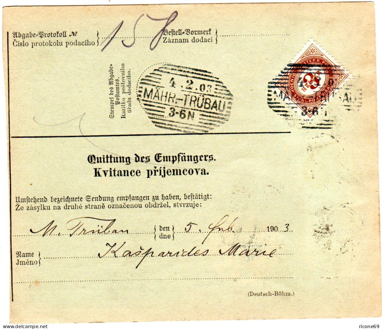 Österreich 1903, 4-farbige Buntfrankatur U. Rs. Porto Auf Paketkarte V. KOLIN  - Lettres & Documents