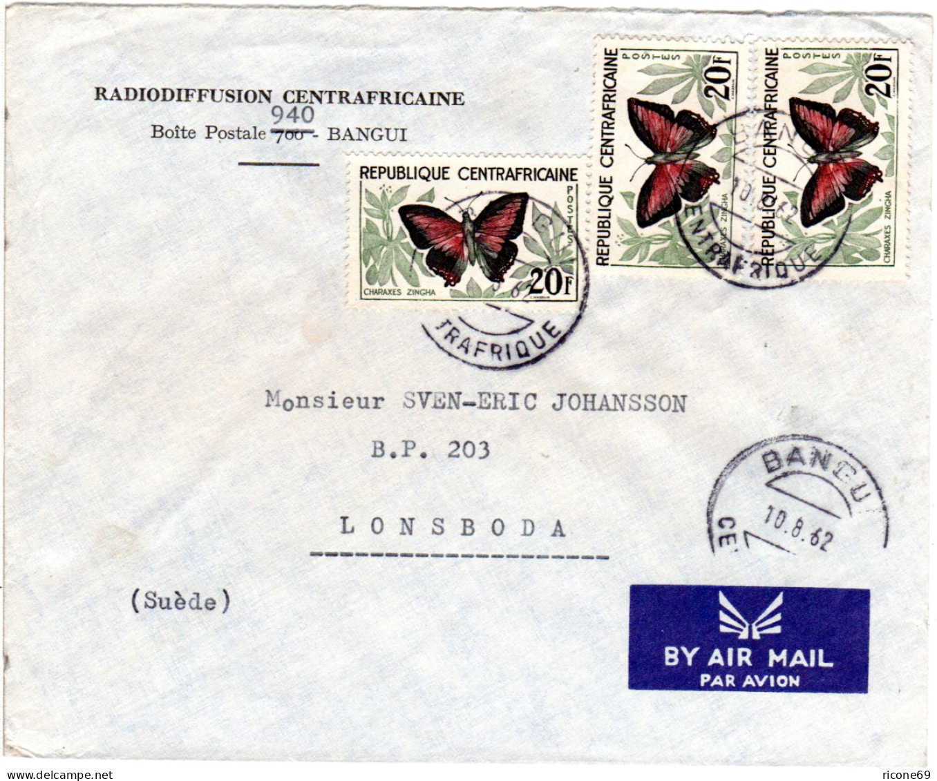 Rep. Centrafricaine 1962, MeF 3x20 F. Schmetterlinge Auf Luftpost Brief  - Otros - África
