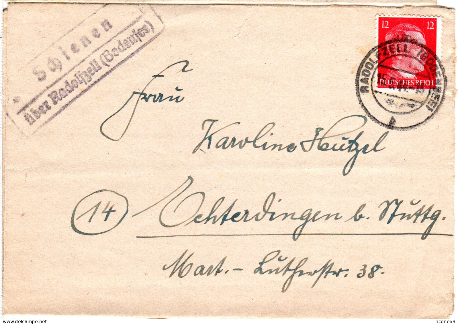 DR 1944, Landpost Stpl. SCHIENEN über Radolfzell Auf Brief M. 12 Pf. - Cartas & Documentos