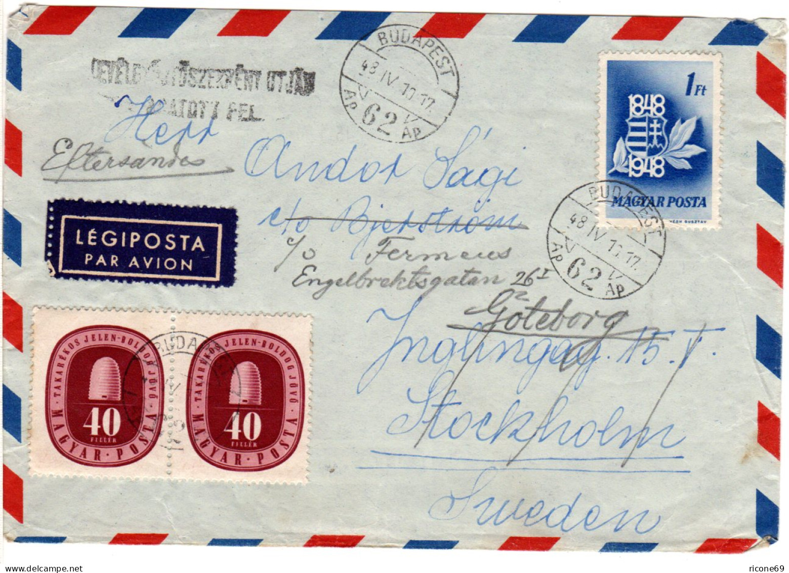 Ungarn 1948, Paar 40 F.+1 Ft. Auf Luftpost Brief V. Budapest N. Schweden. - Cartas & Documentos