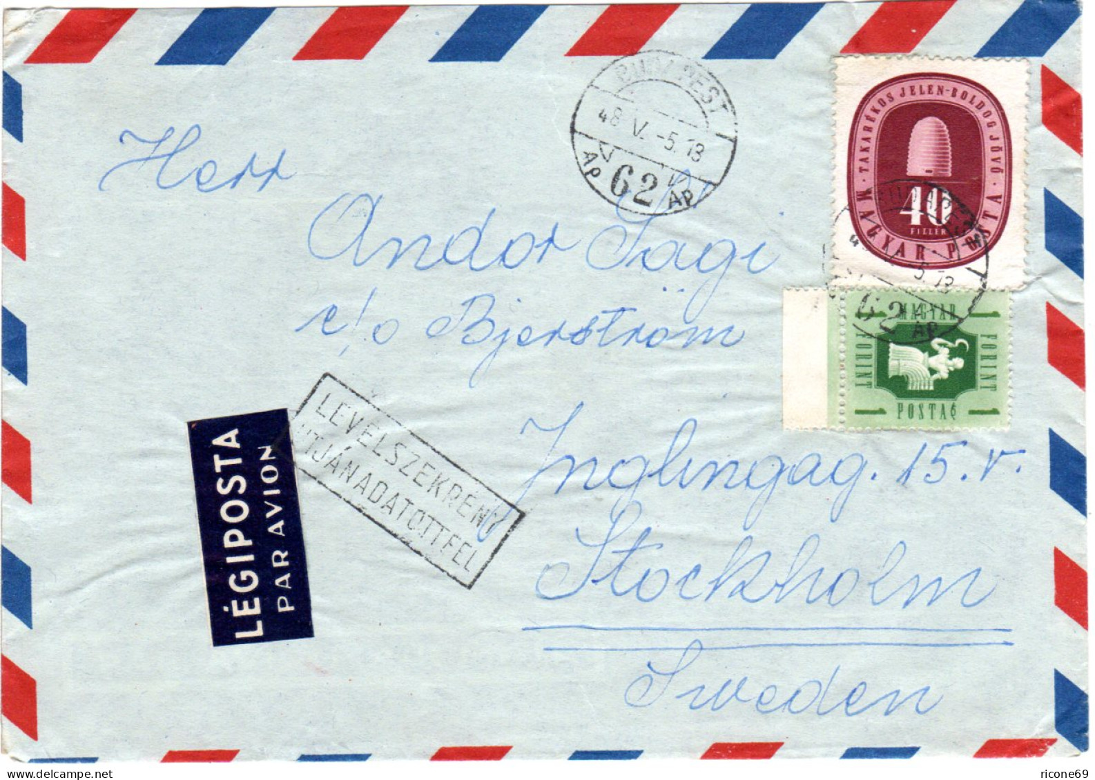 Ungarn 1948, 40 F.+1 Ft. Auf Luftpost Brief V. Budapest N. Schweden. - Lettres & Documents
