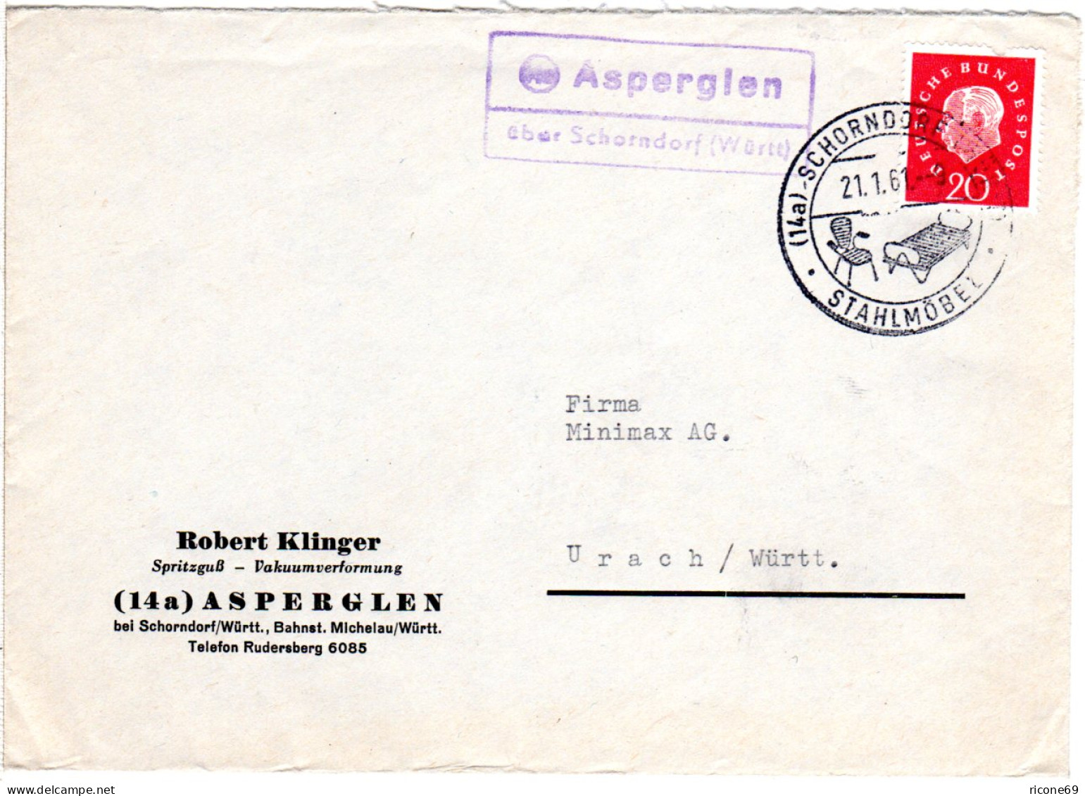 BRD 1961, Landpost Stpl. 14a ASPERGLEN über Schorndorf Auf Firmen Brief M. 20 Pf - Briefe U. Dokumente