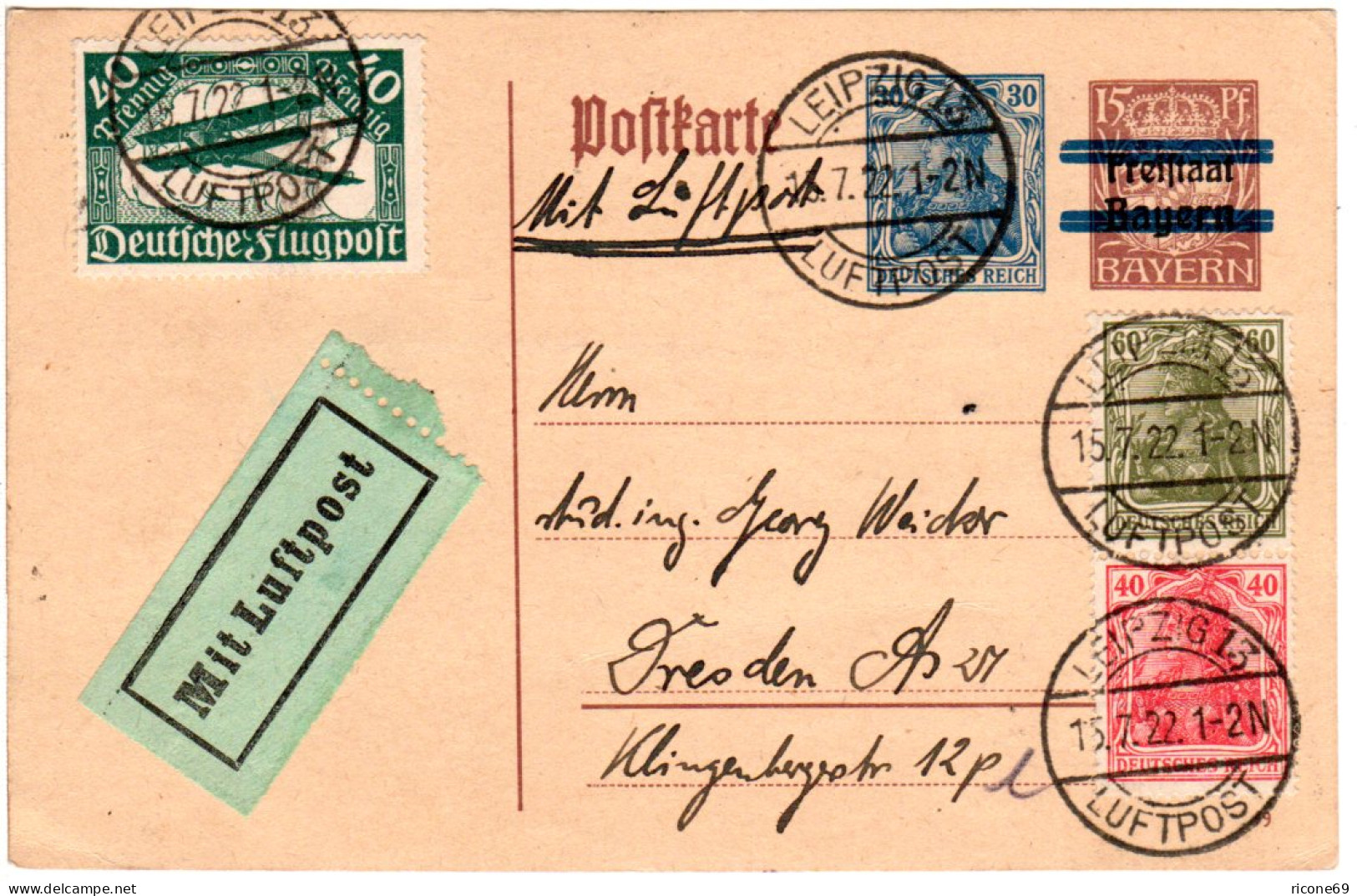 DR 1922, 40 Pf. Flugpost Auf Ganzsache M. Zusatzfr. Pr. Luftpost V. Leipzig  - Storia Postale