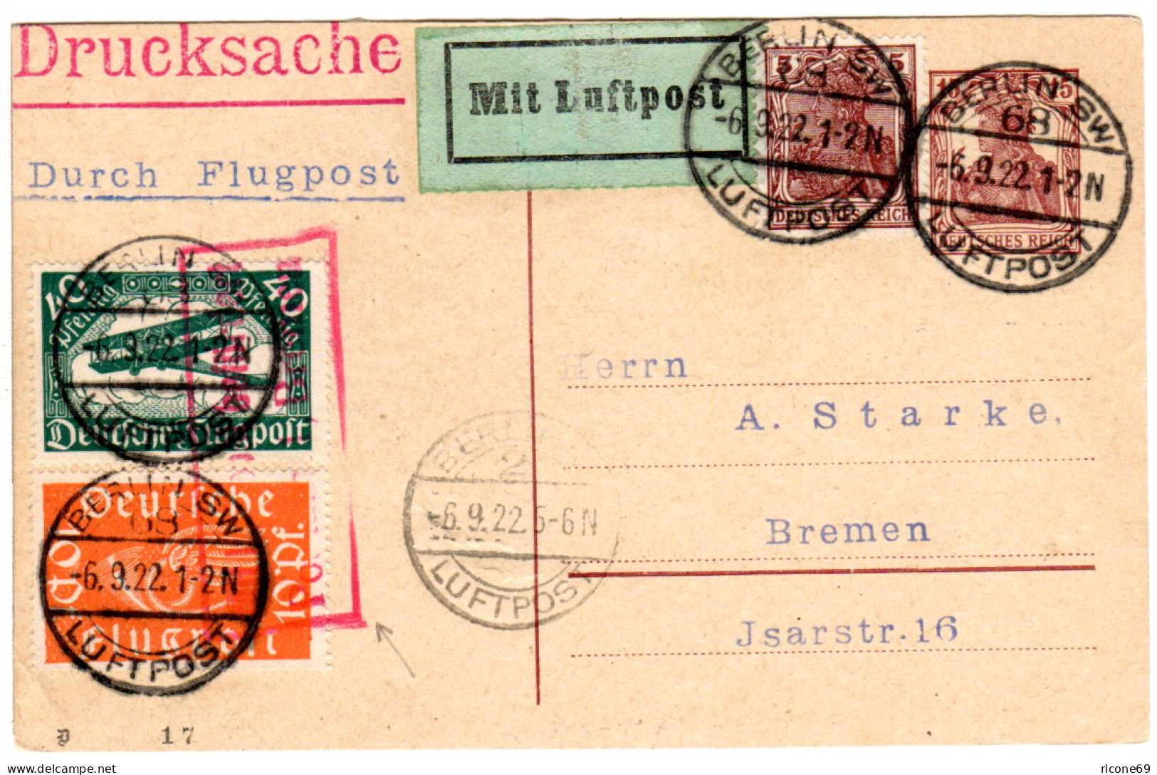 DR 1922, 10+40 Pf. Flugpost Auf Ganzsache M Zusatzfr. Pr. Luftpost Berlin-Bremen - Cartas & Documentos