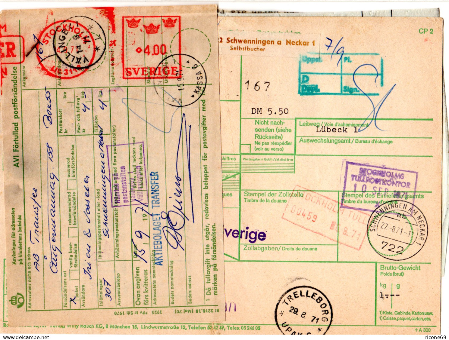 BRD 1971, Auslandspaketkarte V. SCHWENNINGEN M. Schweden Gebührenzettel - Briefe U. Dokumente