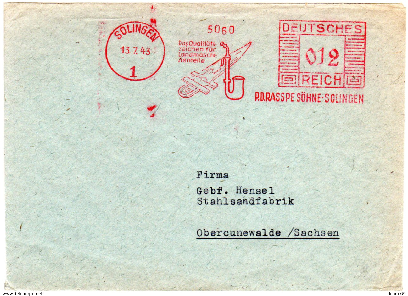 DR 1943, Brief M. Solingen Landmaschinen Werbefreistempel M. Abb. Tabakpfeife  - Lettres & Documents