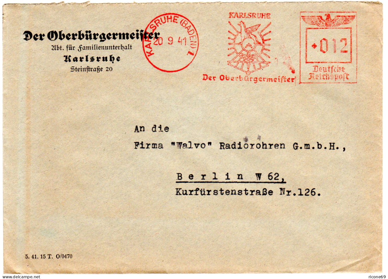 DR 1941, 12 Pf. Werbefreistempel Auf Oberbürgermeister Brief V. Karlsruhe - Autres & Non Classés