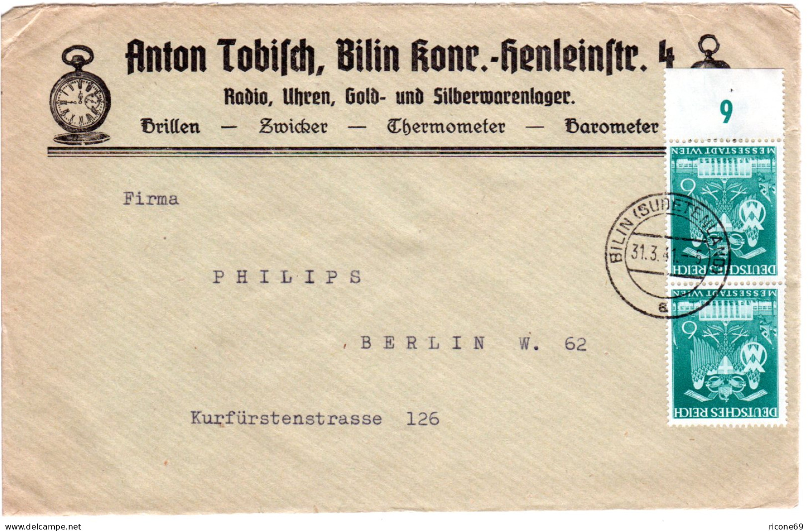 DR 1941, Paar 6 Pf. Auf Firmen Reklame Brief V. Bilin  M. Abb. Taschenuhr - Lettres & Documents