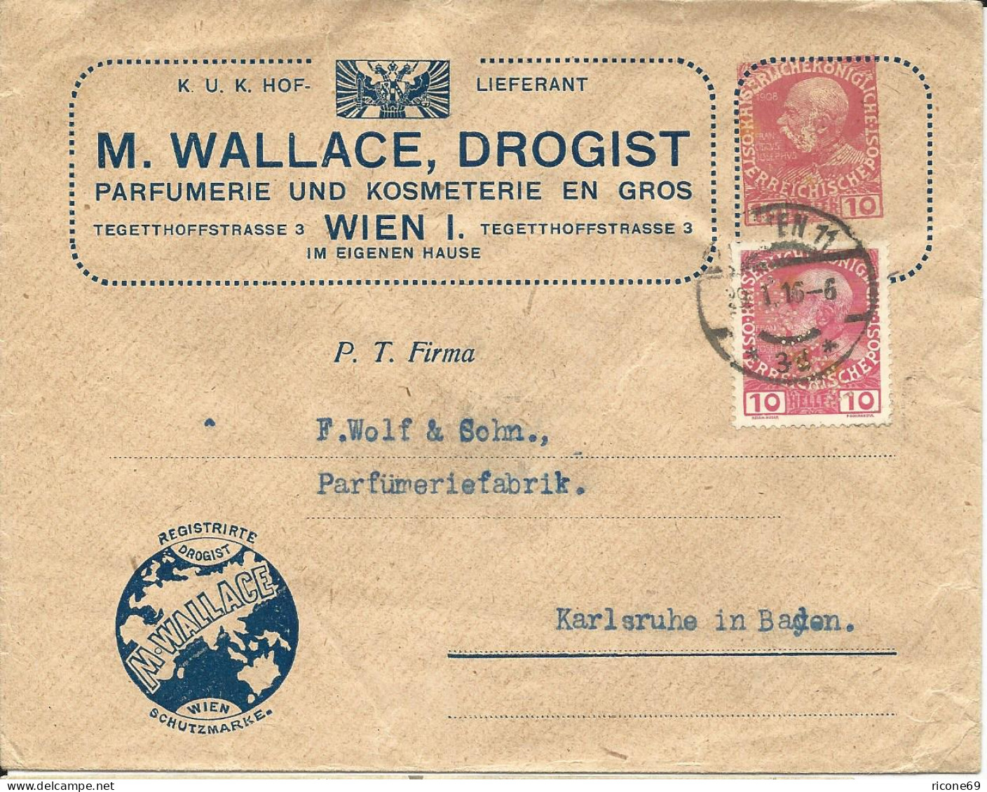 Österreich 1916, 10 H. M. Perfins Auf 10 H. Parfumerie Privat Ganzsache V. Wien - Brieven En Documenten
