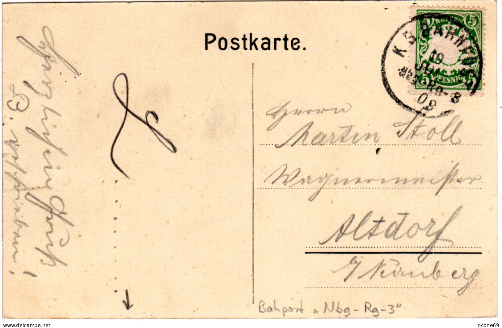 Bayern 1909, Bahnpost-K1 Nbg-Re-3 Auf Karte M. 5 Pf. - Lettres & Documents
